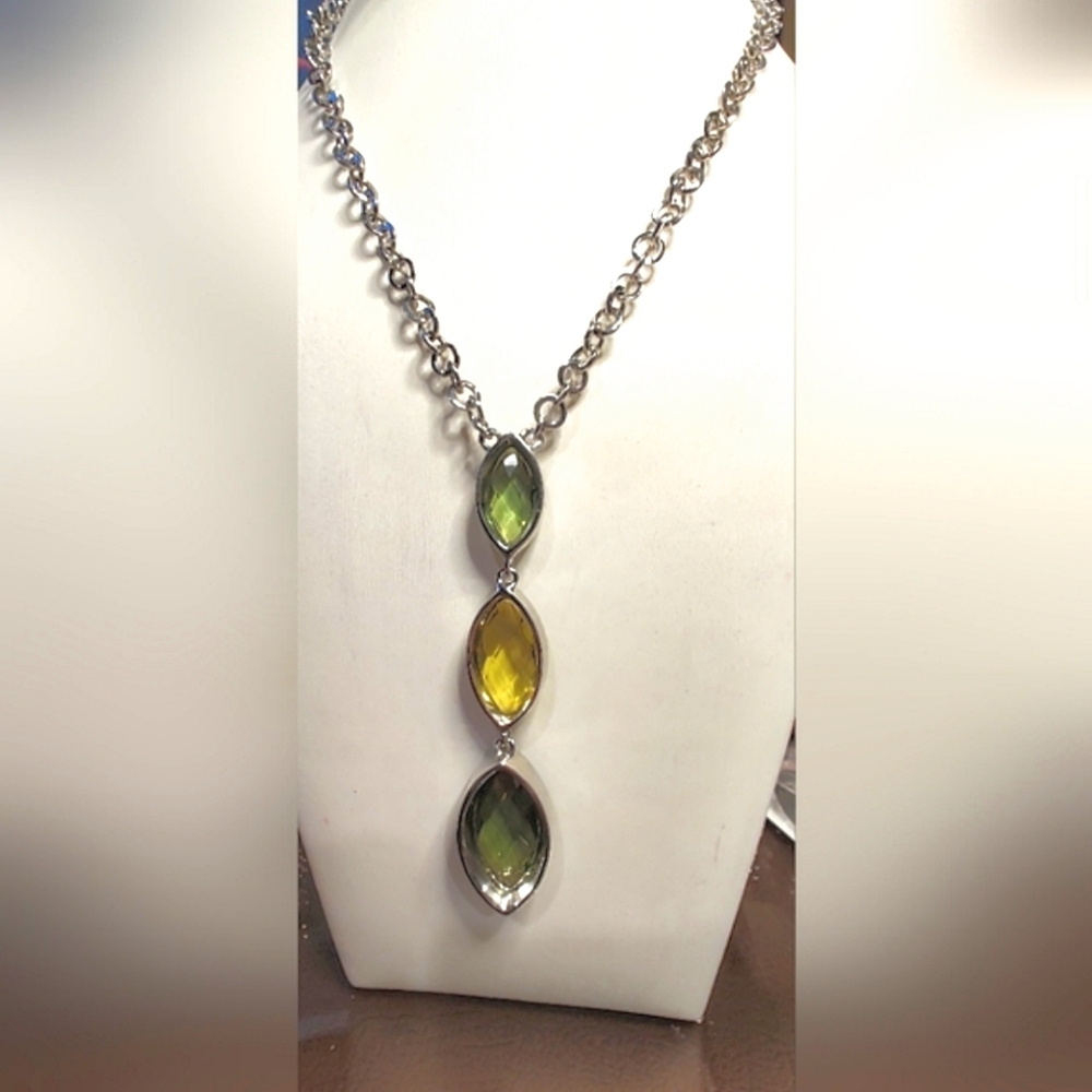 Vintage Silver Tone Y Necklace with Glass Green and Yellow Accents